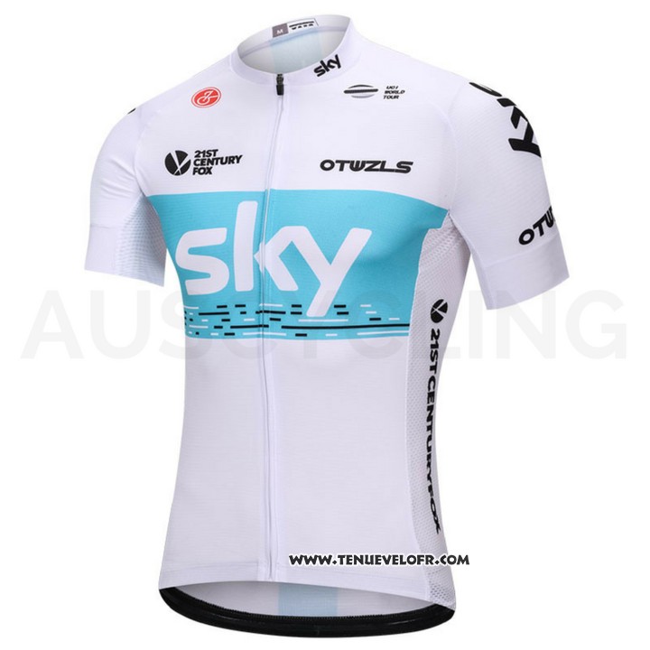 2018 Maillot Ciclismo Sky Blanc et Bleu Manches Courtes et Cuissard